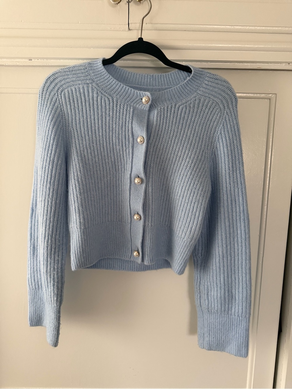 Light Blue Ribbed Button-Front Women’s Cardigan Sweater